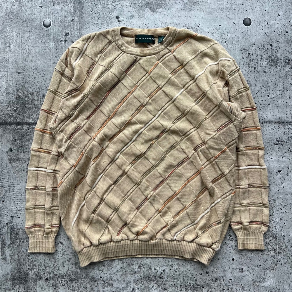 Vintage Tundra Sweater Mens Large Tan 3D Textured Knit Grid Striped Canada 90s